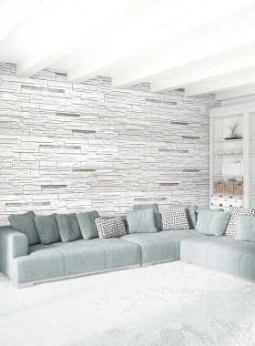 Modern çatı iç yatak odası veya oturma odası alanı ile eklektik duvar ile. 3D render.