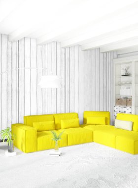 Modern çatı iç yatak odası veya oturma odası alanı ile eklektik duvar ile. 3D render.