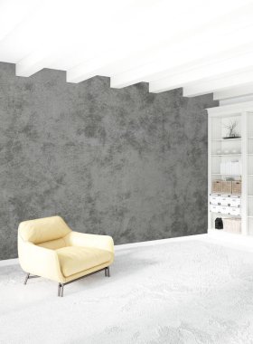 Modern çatı iç yatak odası veya oturma odası alanı ile eklektik duvar ile. 3D render.