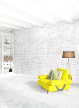 Modern çatı iç yatak odası veya oturma odası alanı ile eklektik duvar ile. 3D render.