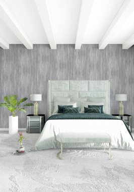 Modern çatı iç yatak odası veya oturma odası alanı ile eklektik duvar ile. 3D render.