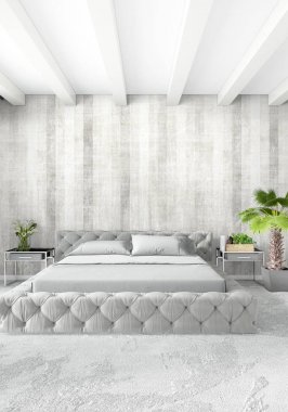 Modern çatı iç yatak odası veya oturma odası alanı ile eklektik duvar ile. 3D render.