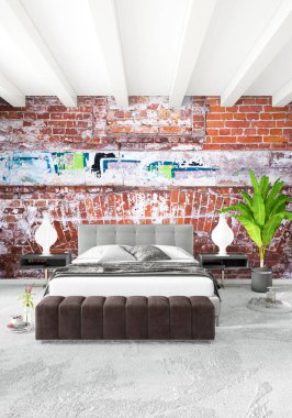 Modern çatı iç yatak odası veya oturma odası alanı ile eklektik duvar ile. 3D render.