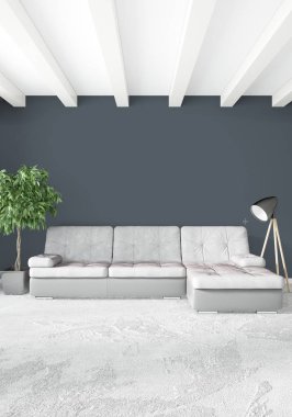Modern çatı iç yatak odası veya oturma odası alanı ile eklektik duvar ile. 3D render.