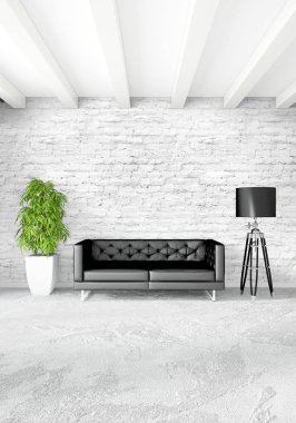 Modern çatı iç yatak odası veya oturma odası alanı ile eklektik duvar ile. 3D render.