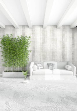 Modern çatı iç yatak odası veya oturma odası alanı ile eklektik duvar ile. 3D render.