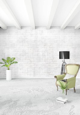 Modern çatı iç yatak odası veya oturma odası alanı ile eklektik duvar ile. 3D render.