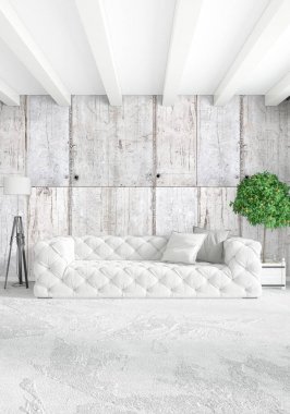 Modern çatı iç yatak odası veya oturma odası alanı ile eklektik duvar ile. 3D render.