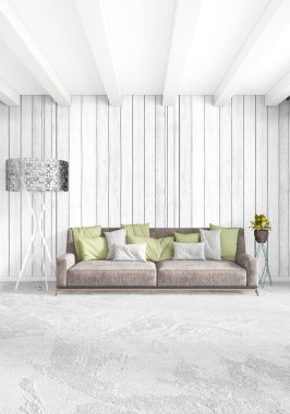 Modern çatı iç yatak odası veya oturma odası alanı ile eklektik duvar ile. 3D render.