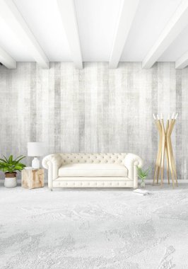 Modern çatı iç yatak odası veya oturma odası alanı ile eklektik duvar ile. 3D render.