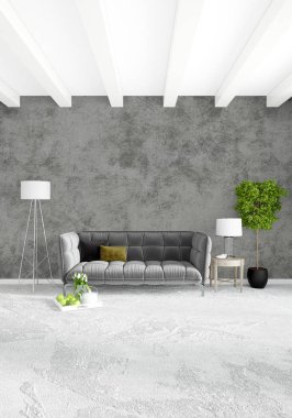 Modern çatı iç yatak odası veya oturma odası alanı ile eklektik duvar ile. 3D render.