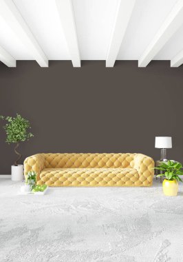 Modern çatı iç yatak odası veya oturma odası alanı ile eklektik duvar ile. 3D render.