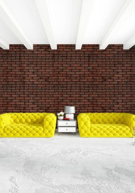 Modern çatı iç yatak odası veya oturma odası alanı ile eklektik duvar ile. 3D render.