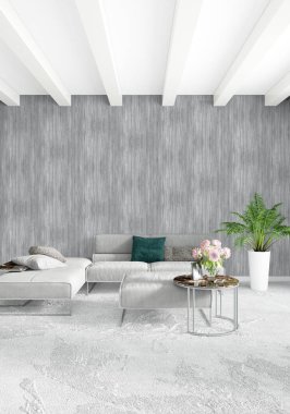 Modern çatı iç yatak odası veya oturma odası alanı ile eklektik duvar ile. 3D render.