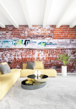 Modern çatı iç yatak odası veya oturma odası alanı ile eklektik duvar ile. 3D render.