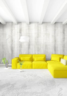 Modern çatı iç yatak odası veya oturma odası alanı ile eklektik duvar ile. 3D render.