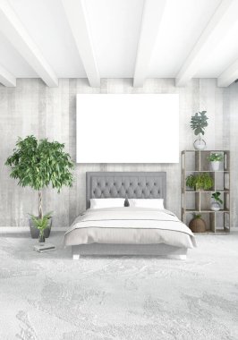 Dikey modern iç yatak odası veya oturma odası eklektik duvar ve boş çerçeve çizim boşaltmak için. 3D render