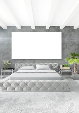 Dikey modern iç yatak odası veya oturma odası eklektik duvar ve boş çerçeve çizim boşaltmak için. 3D render