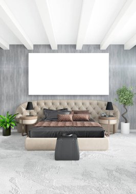 Dikey modern iç yatak odası veya oturma odası eklektik duvar ve boş çerçeve çizim boşaltmak için. 3D render