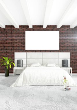 Dikey modern iç yatak odası veya oturma odası eklektik duvar ve boş çerçeve çizim boşaltmak için. 3D render