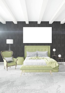 Dikey modern iç yatak odası veya oturma odası eklektik duvar ve boş çerçeve çizim boşaltmak için. 3D render