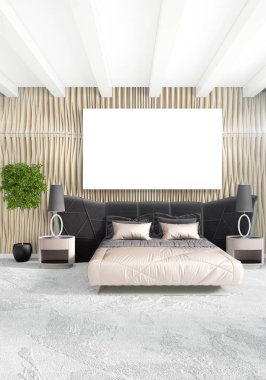 Dikey modern iç yatak odası veya oturma odası eklektik duvar ve boş çerçeve çizim boşaltmak için. 3D render