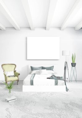 Dikey modern iç yatak odası veya oturma odası eklektik duvar ve boş çerçeve çizim boşaltmak için. 3D render