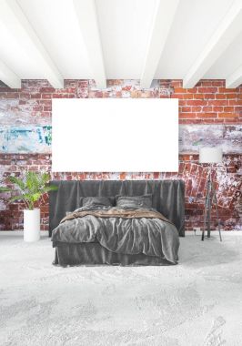 Dikey modern iç yatak odası veya oturma odası eklektik duvar ve boş çerçeve çizim boşaltmak için. 3D render