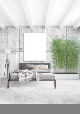 Dikey modern iç yatak odası veya oturma odası eklektik duvar ve boş çerçeve çizim boşaltmak için. 3D render