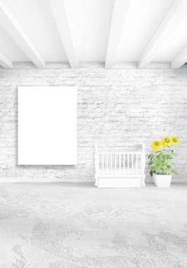 Dikey modern iç yatak odası veya oturma odası eklektik duvar ve boş çerçeve çizim boşaltmak için. 3D render