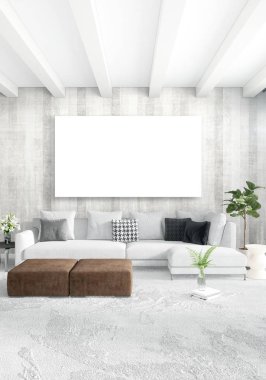 Dikey modern iç yatak odası veya oturma odası eklektik duvar ve boş çerçeve çizim boşaltmak için. 3D render
