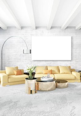 Dikey modern iç yatak odası veya oturma odası eklektik duvar ve boş çerçeve çizim boşaltmak için. 3D render