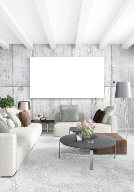 Dikey modern iç yatak odası veya oturma odası eklektik duvar ve boş çerçeve çizim boşaltmak için. 3D render