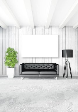 Dikey modern iç yatak odası veya oturma odası eklektik duvar ve boş çerçeve çizim boşaltmak için. 3D render