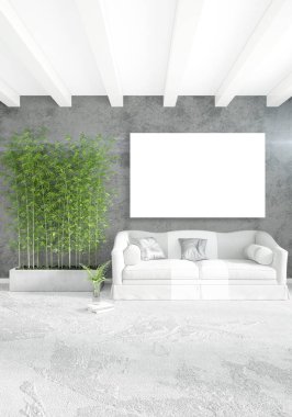 Dikey modern iç yatak odası veya oturma odası eklektik duvar ve boş çerçeve çizim boşaltmak için. 3D render