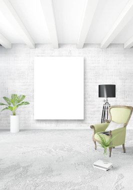 Dikey modern iç yatak odası veya oturma odası eklektik duvar ve boş çerçeve çizim boşaltmak için. 3D render