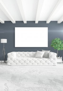 Dikey modern iç yatak odası veya oturma odası eklektik duvar ve boş çerçeve çizim boşaltmak için. 3D render