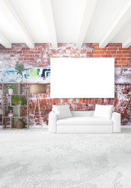 Dikey modern iç yatak odası veya oturma odası eklektik duvar ve boş çerçeve çizim boşaltmak için. 3D render