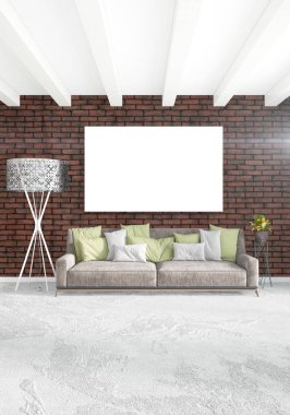 Dikey modern iç yatak odası veya oturma odası eklektik duvar ve boş çerçeve çizim boşaltmak için. 3D render