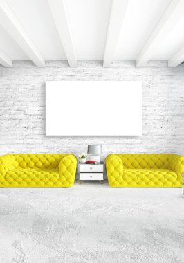 Dikey modern iç yatak odası veya oturma odası eklektik duvar ve boş çerçeve çizim boşaltmak için. 3D render