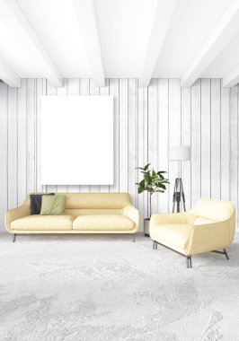 Dikey modern iç yatak odası veya oturma odası eklektik duvar ve boş çerçeve çizim boşaltmak için. 3D render