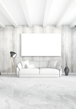 Dikey modern iç yatak odası veya oturma odası eklektik duvar ve boş çerçeve çizim boşaltmak için. 3D render