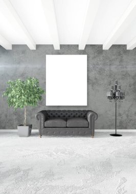 Dikey modern iç yatak odası veya oturma odası eklektik duvar ve boş çerçeve çizim boşaltmak için. 3D render