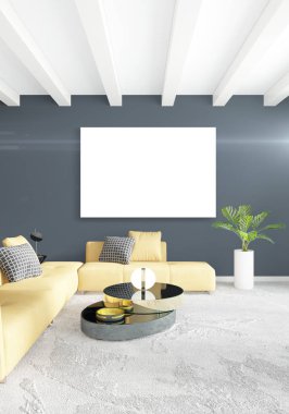 Dikey modern iç yatak odası veya oturma odası eklektik duvar ve boş çerçeve çizim boşaltmak için. 3D render