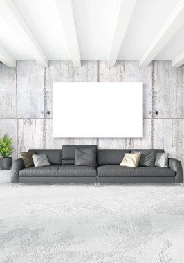 Dikey modern iç yatak odası veya oturma odası eklektik duvar ve boş çerçeve çizim boşaltmak için. 3D render