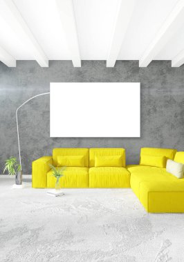 Dikey modern iç yatak odası veya oturma odası eklektik duvar ve boş çerçeve çizim boşaltmak için. 3D render