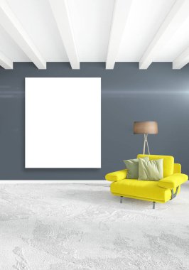 Dikey modern iç yatak odası veya oturma odası eklektik duvar ve boş çerçeve çizim boşaltmak için. 3D render