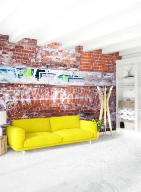 Modern çatı iç yatak odası veya oturma odası alanı ile eklektik duvar ile. 3D render.