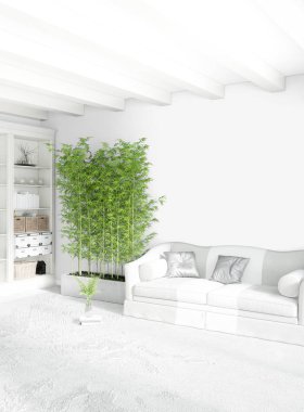 Modern çatı iç yatak odası veya oturma odası alanı ile eklektik duvar ile. 3D render.