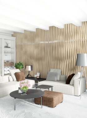 Modern çatı iç yatak odası veya oturma odası alanı ile eklektik duvar ile. 3D render.